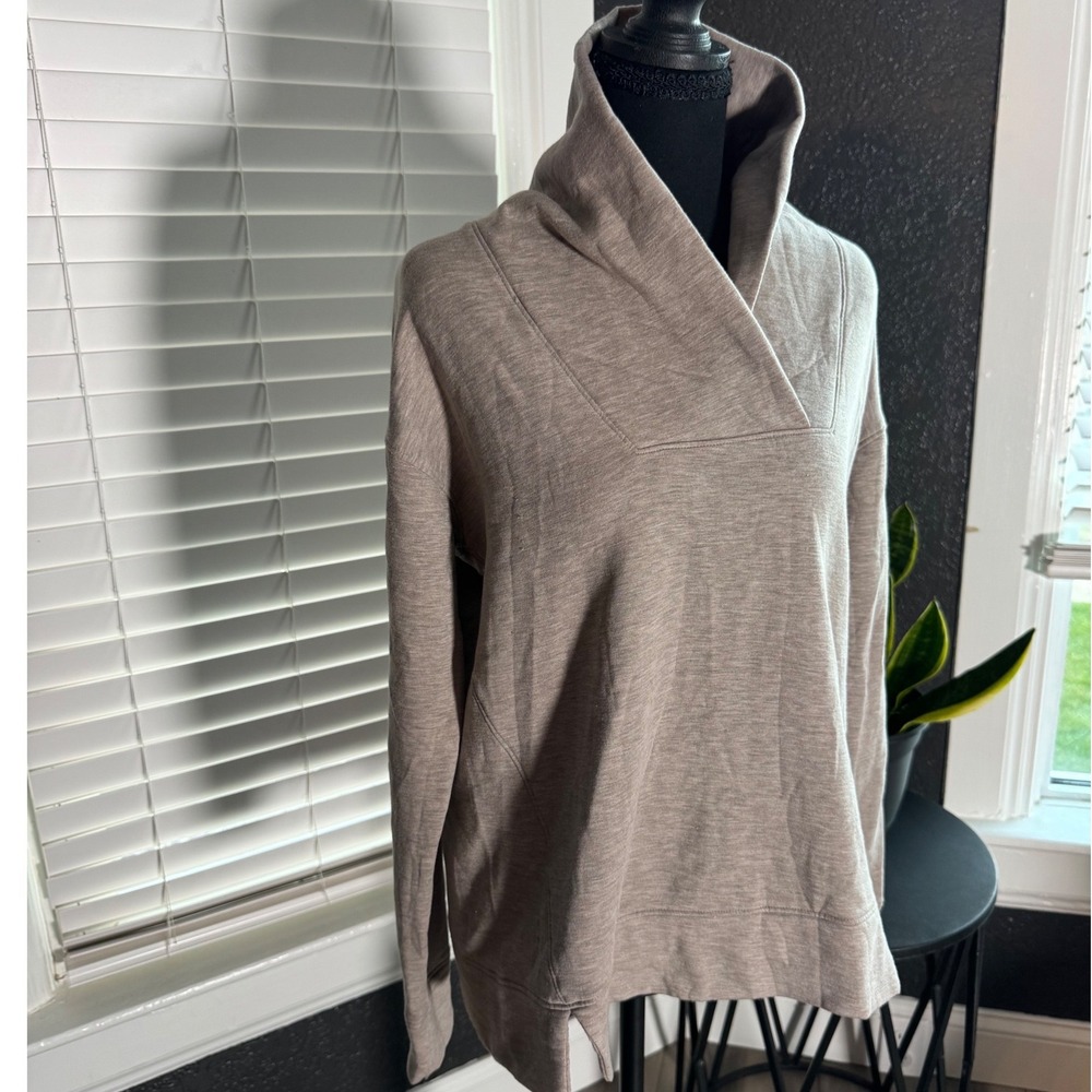 Athleta Restore Shawl Collar Pullover Sweatshirt Heather Taupe Tan Women Small